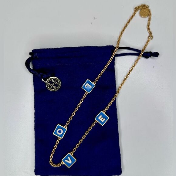 Tory Burch LOVE Necklace Gold Blue Enamel Letter Charms 18” Adjustable Chain - Picture 3 of 7